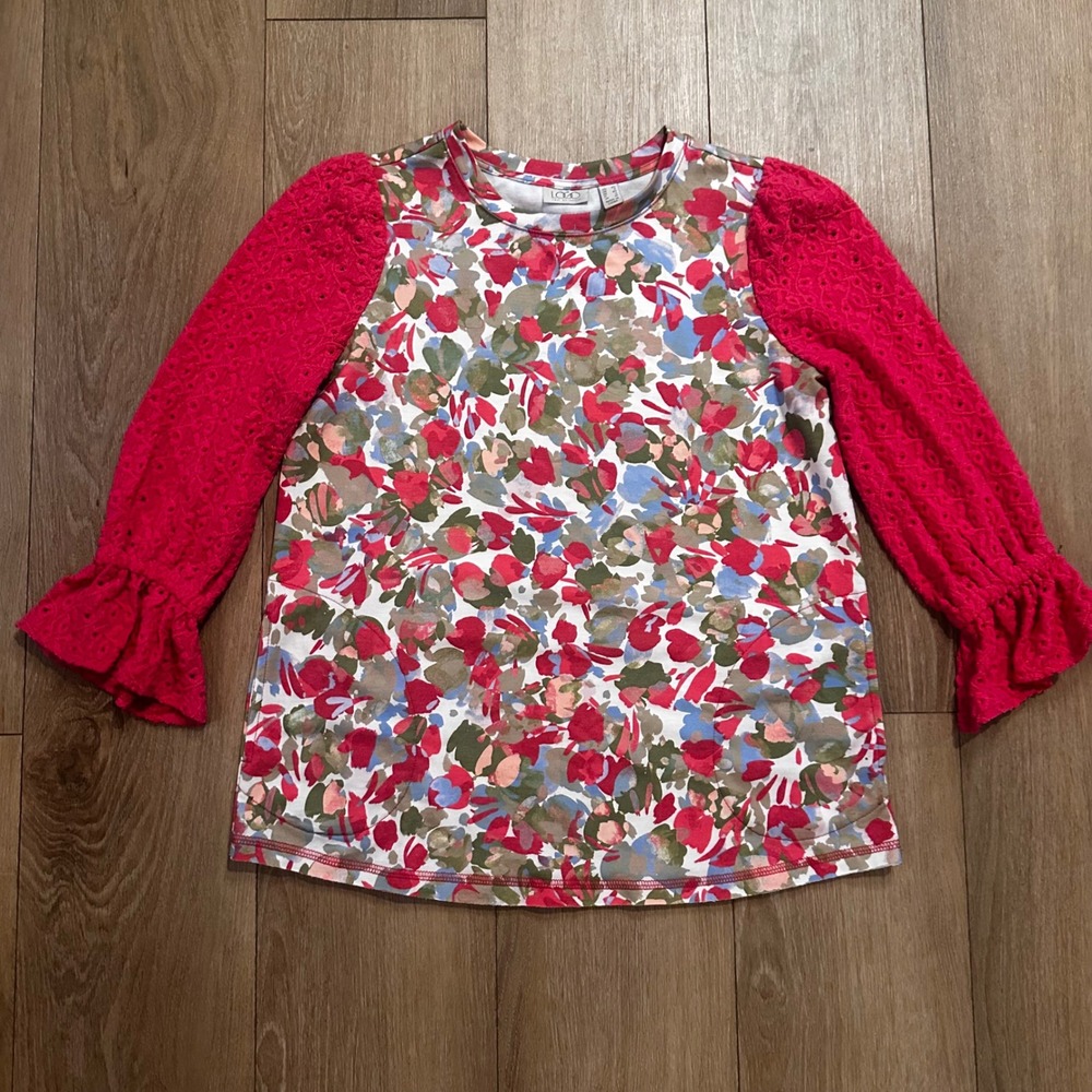 LOGO Lori Goldstein Floral Eyelet Sleeve Top Pink Red Watercolor Pockets XS